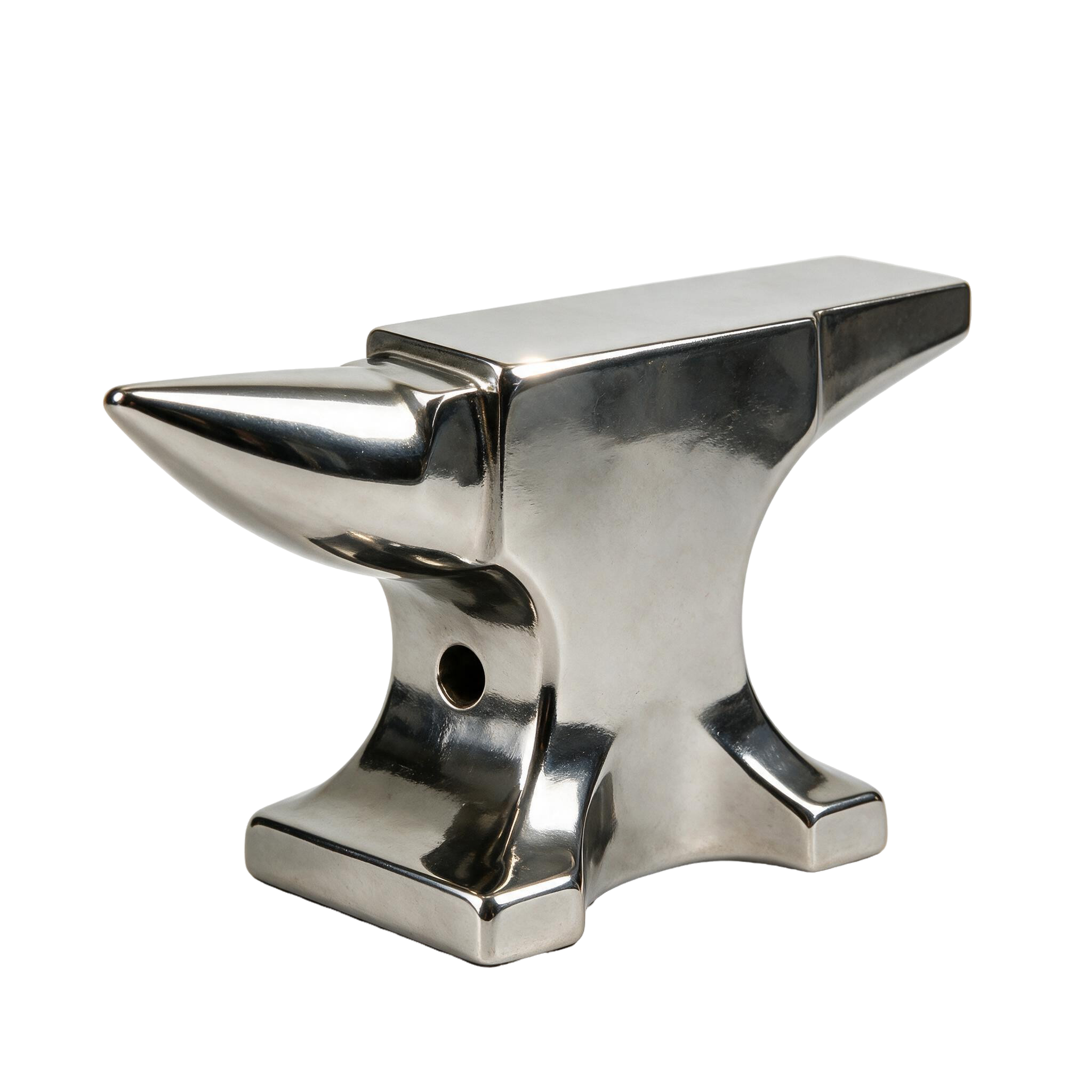 A polished chrome anvil, cut out, lying on the paper