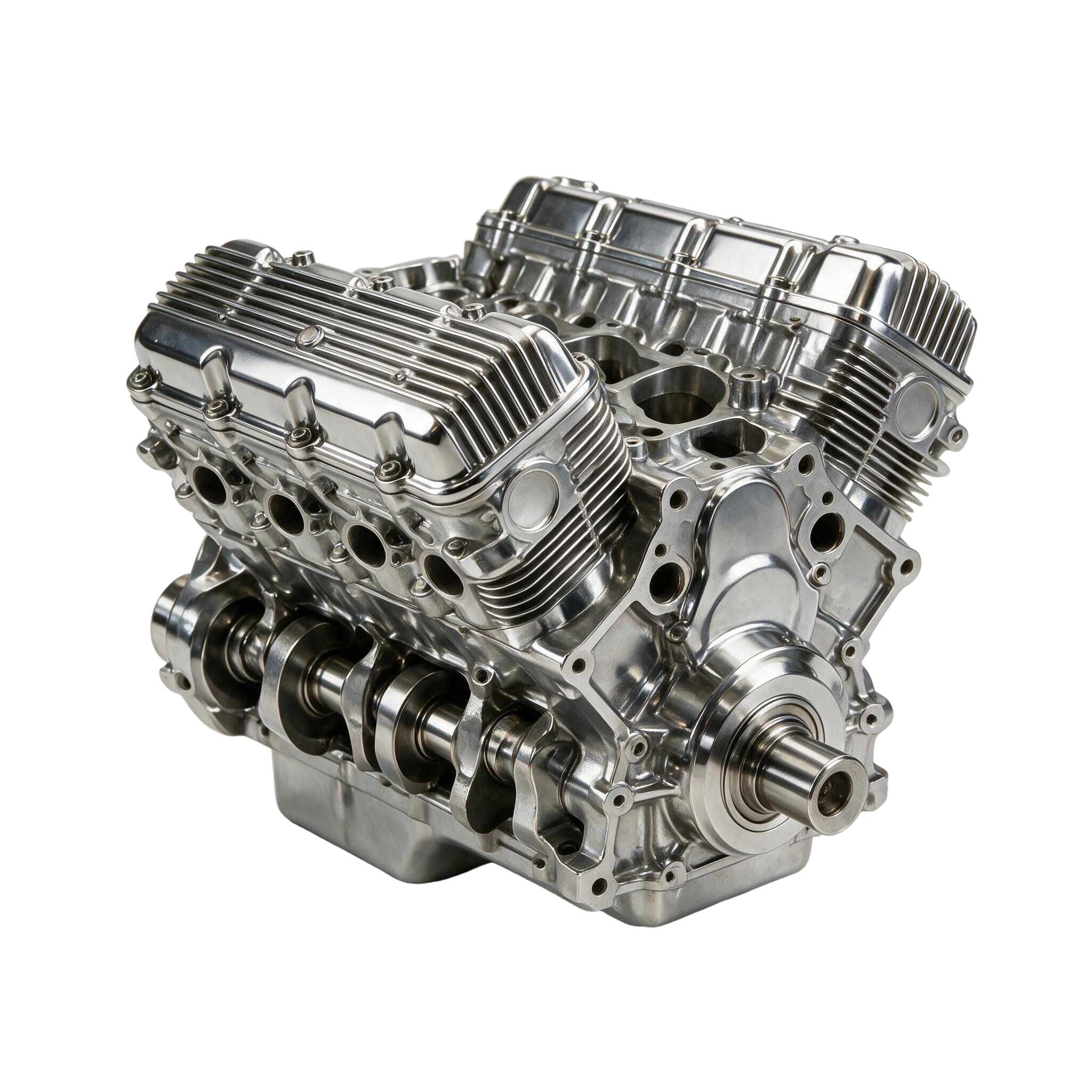 A polished chrome engine block, cut out, lying on the paper