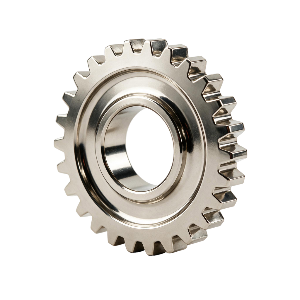 A polished chrome gear, cut out, lying on the paper
